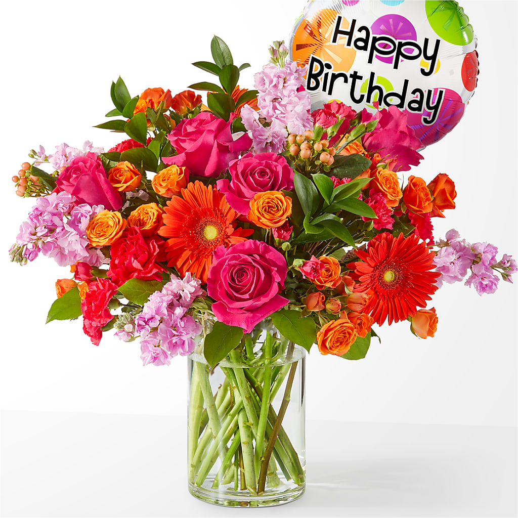 Fiesta Bouquet with Birthday Balloon – Everbloom Flowers Llc, Aurora OH