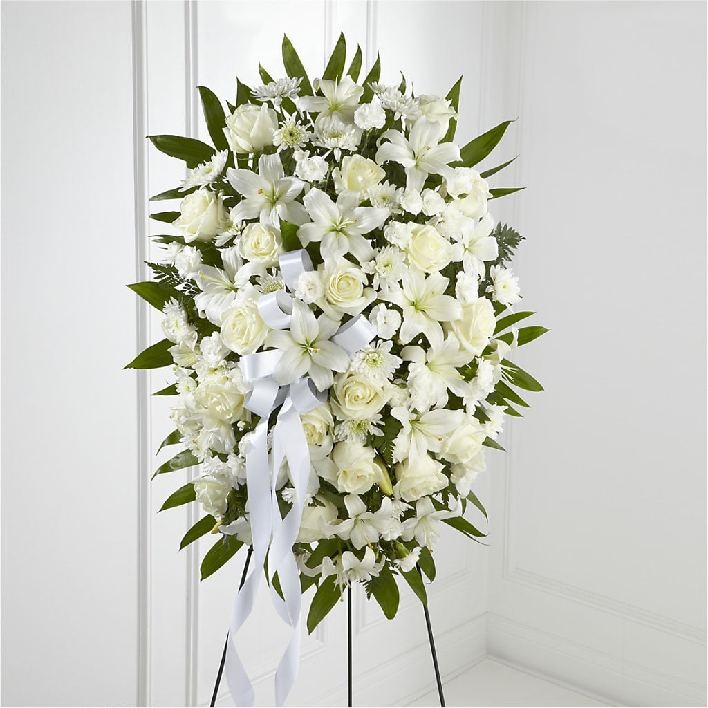 Exquisite Tribute Standing Spray-White Ribbon – Everbloom Flowers Llc, Aurora OH