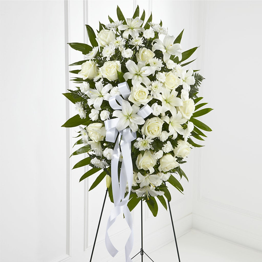Exquisite Tribute Standing Spray-White Ribbon – Everbloom Flowers Llc, Aurora OH